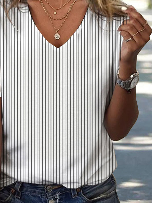 Striped Loose V Neck Casual Shirt