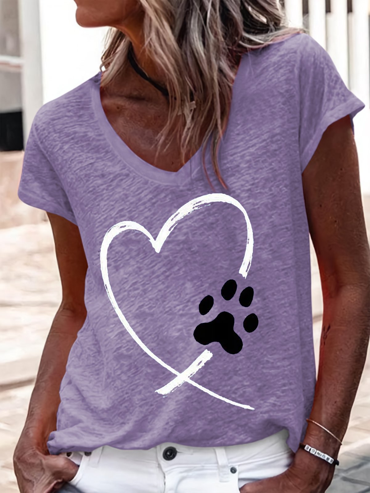 Women's Heart Dog Paw Print Casual V Neck T-Shirt