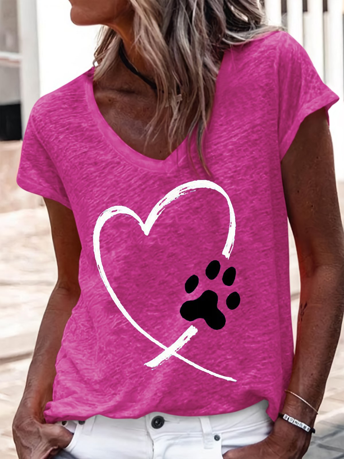 Women's Heart Dog Paw Print Casual V Neck T-Shirt