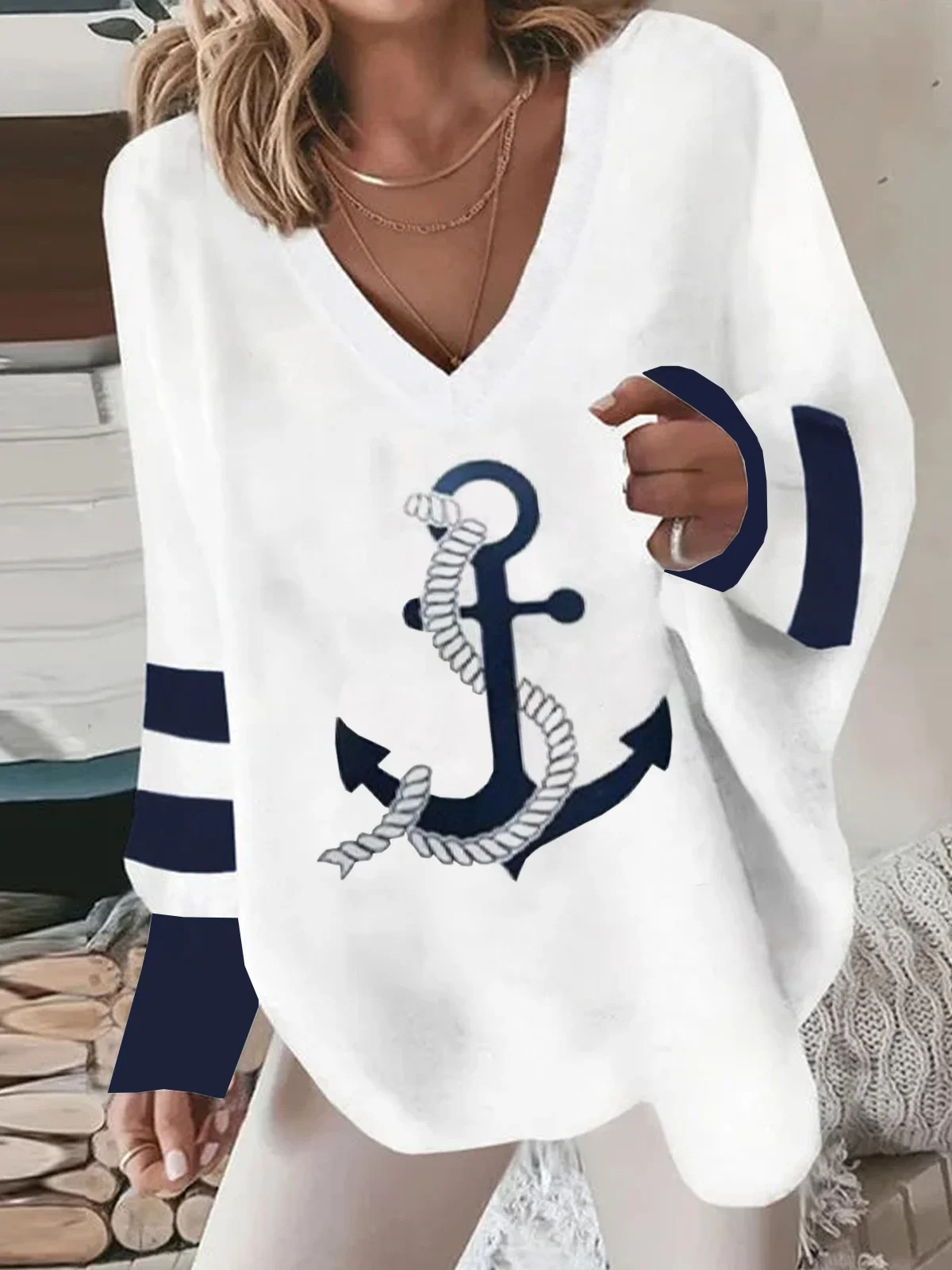 Anchor Logo V Neck Long Sleeve Casual Loose Sweatshirt
