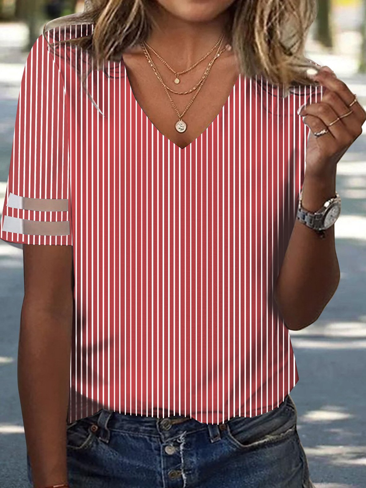 Striped Loose V Neck Casual Shirt