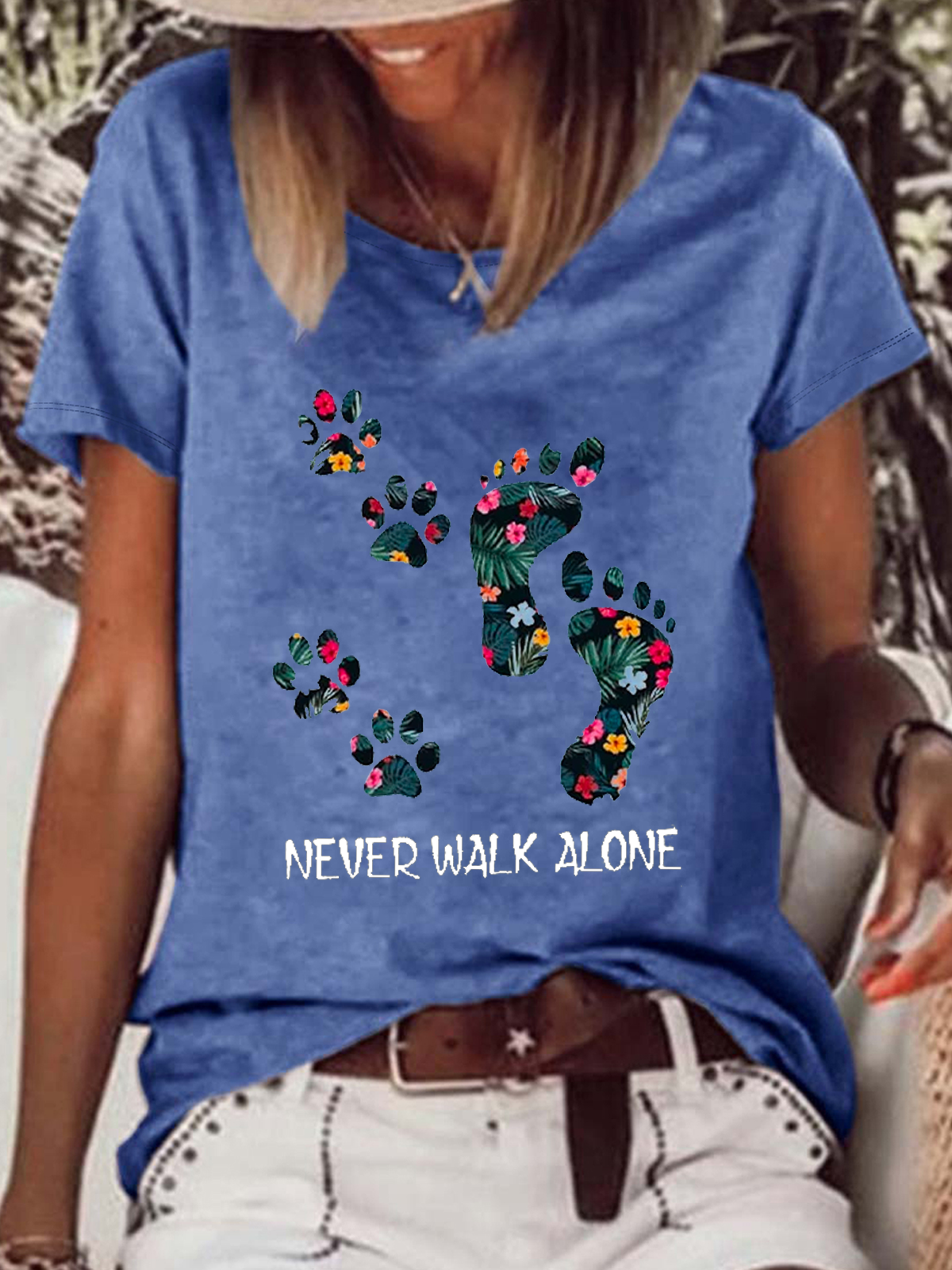 Women's Never Walk Alone Dog Paw Printed Crew Neck Casual Cotton-Blend T-Shirt