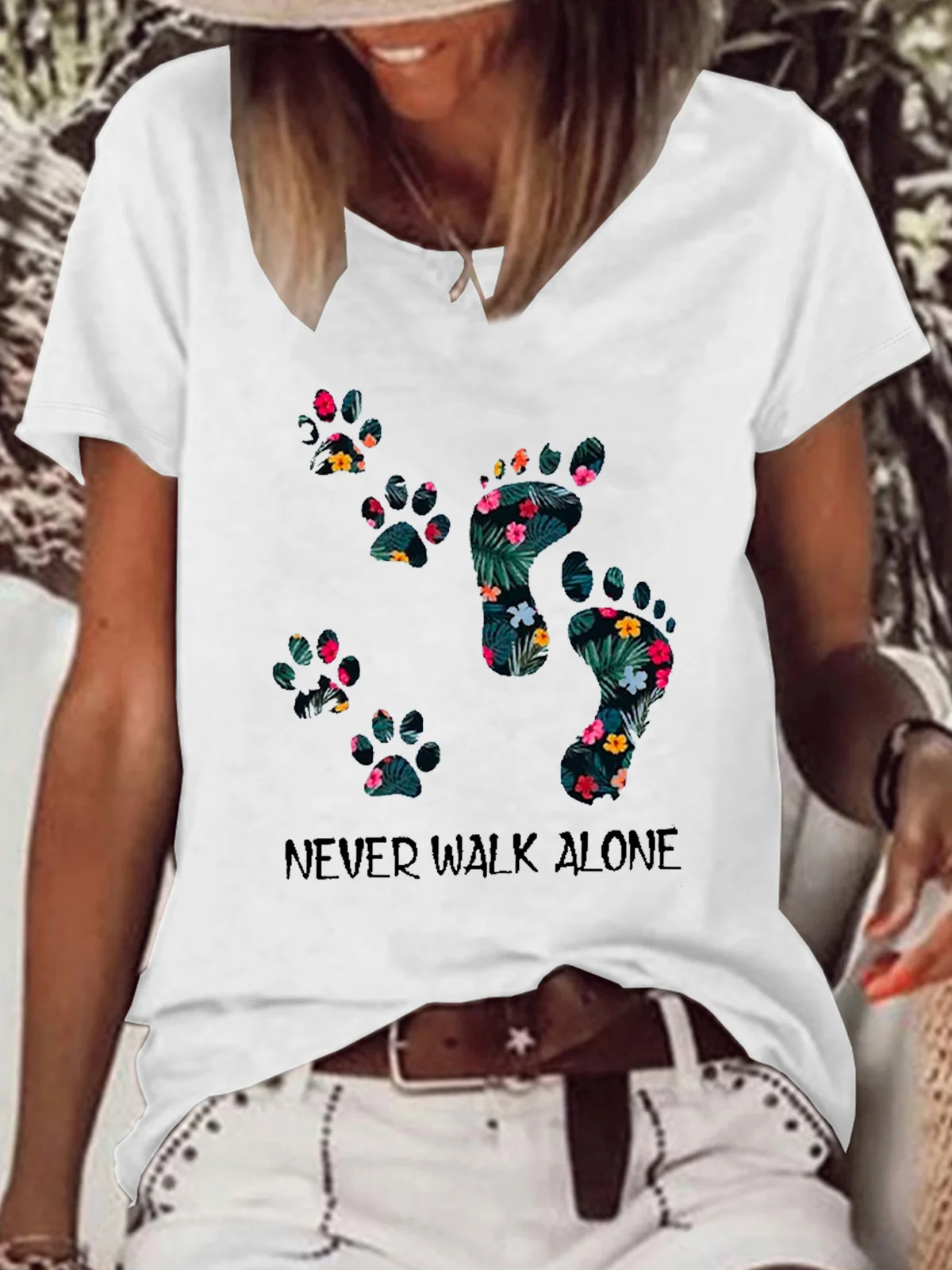 Women's Never Walk Alone Dog Paw Printed Crew Neck Casual Cotton-Blend T-Shirt