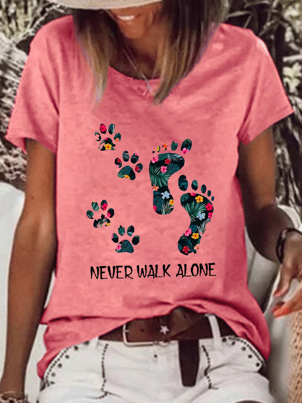 Women's Never Walk Alone Dog Paw Printed Crew Neck Casual Cotton-Blend T-Shirt