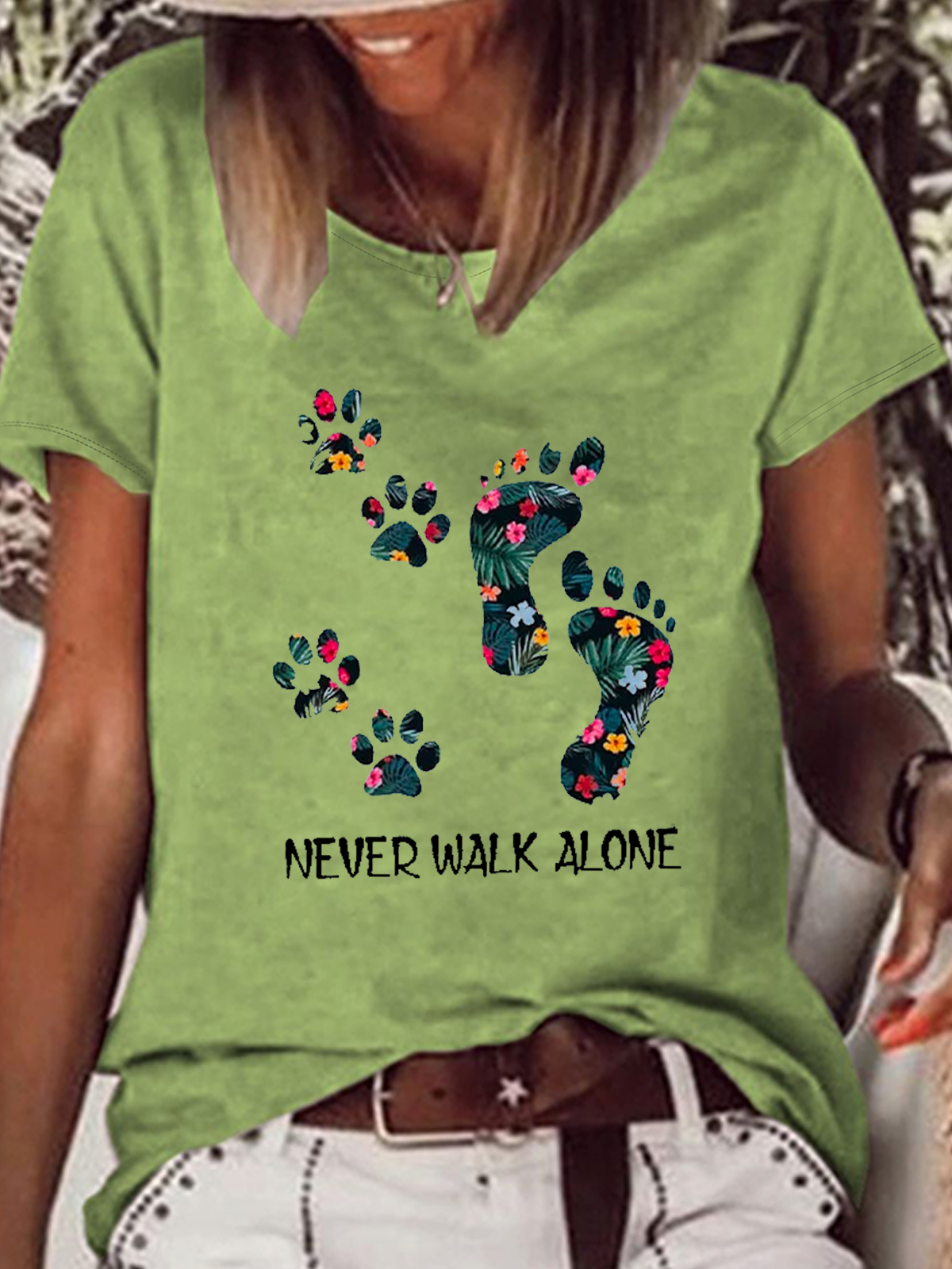 Women's Never Walk Alone Dog Paw Printed Crew Neck Casual Cotton-Blend T-Shirt