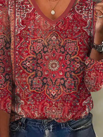 Mystery Mandala Printed Casual Loose Knitted Ethnic V Neck Flared Cuffs 3/4 Sleeve T-Shirt