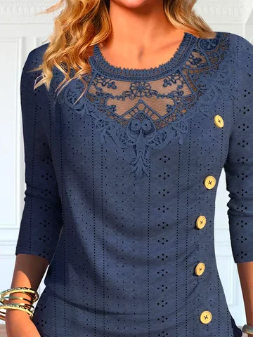 Eyelet Casual Loose Lace Neckline Plain Long Sleeve T-Shirt With Buttoned Design