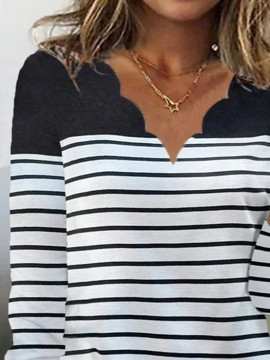 Striped Casual Loose V Neck T-Shirt