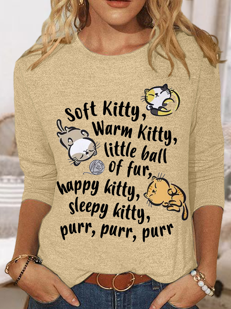 Womne's Soft Kitty Warm Kitty Cat Text Letters Casual Long Sleeve Shirt