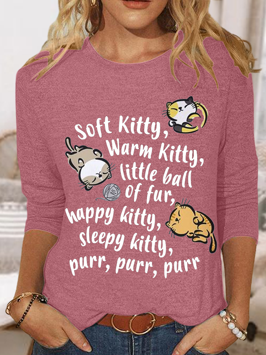 Womne's Soft Kitty Warm Kitty Cat Text Letters Casual Long Sleeve Shirt