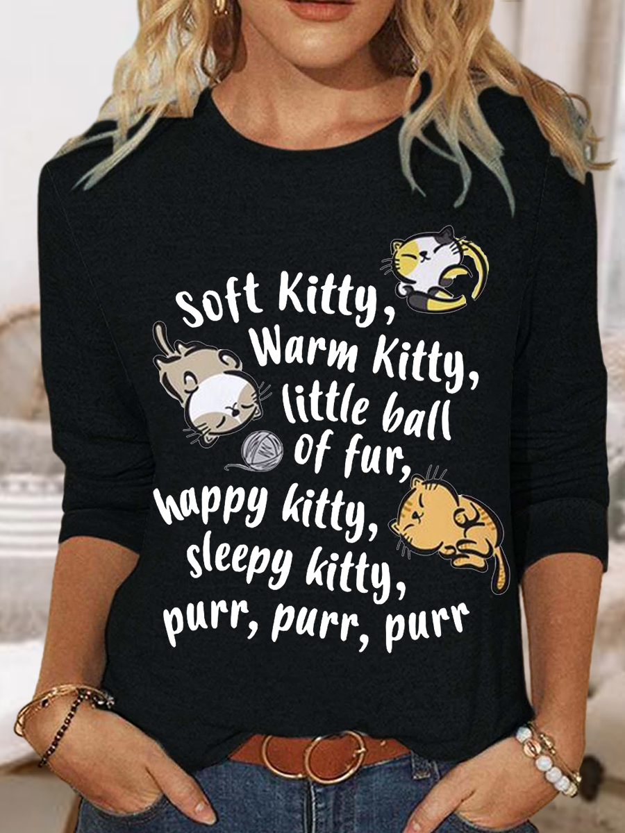 Womne's Soft Kitty Warm Kitty Cat Text Letters Casual Long Sleeve Shirt