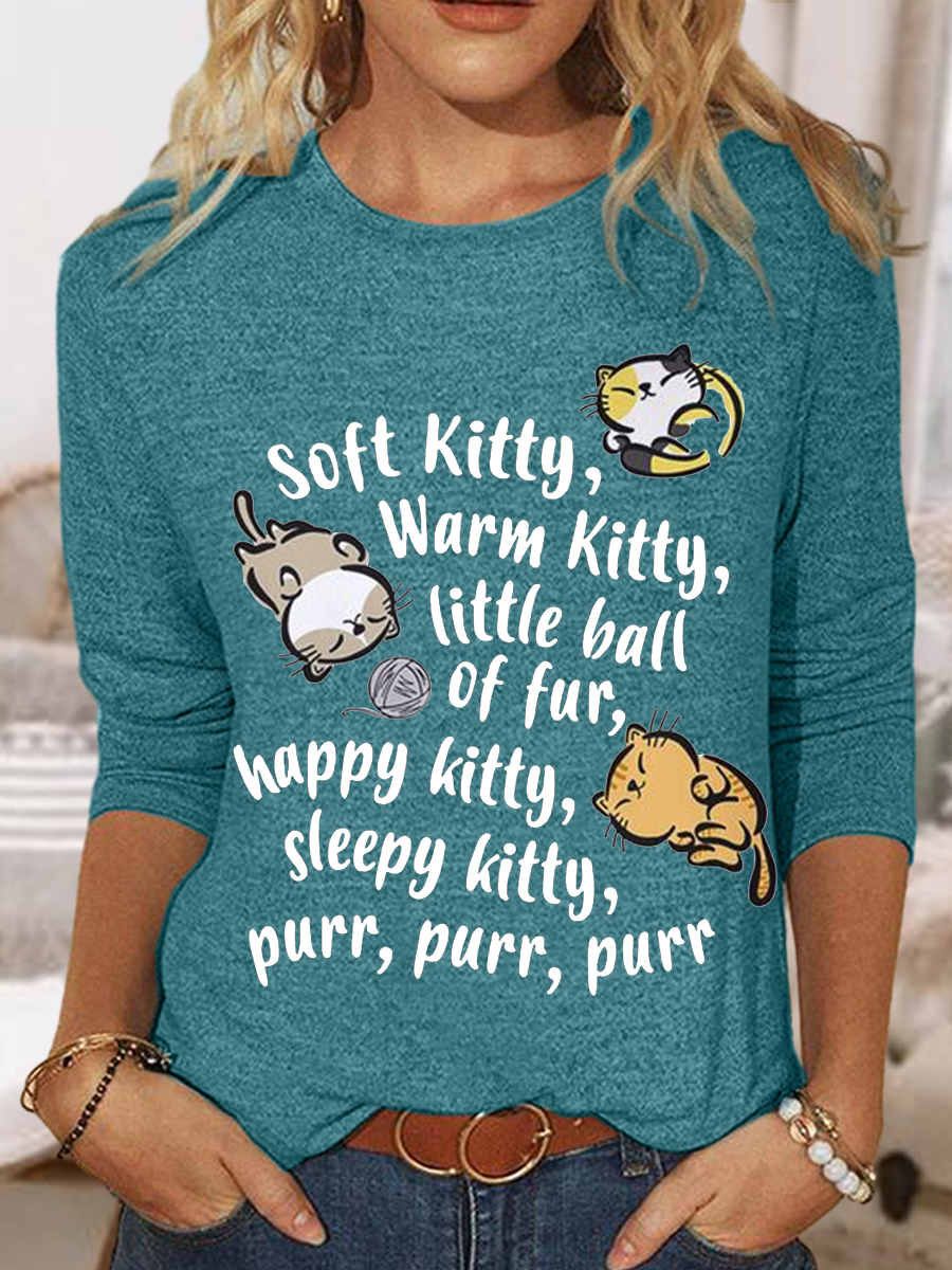 Womne's Soft Kitty Warm Kitty Cat Text Letters Casual Long Sleeve Shirt