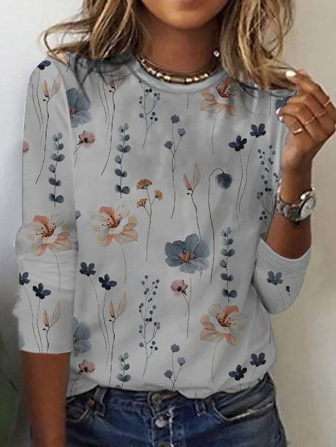 Plus Size Casual Floral Loose Knitted T-Shirt | zolucky