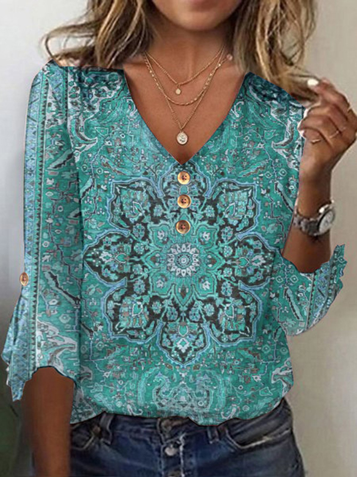 Mystery Mandala Printed Casual Ethnic Knitted V Neck Loose 3/4 Sleeve T ...