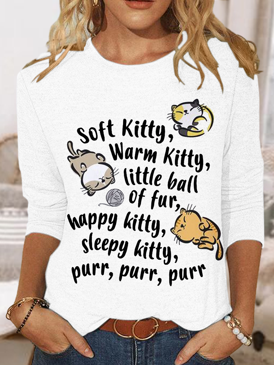 Womne's Soft Kitty Warm Kitty Cat Text Letters Casual Long Sleeve Shirt