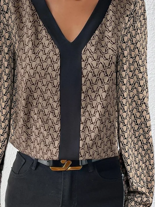 Vintage Geometric Casual Loose Color Block V Neck Long Sleeve Shirt