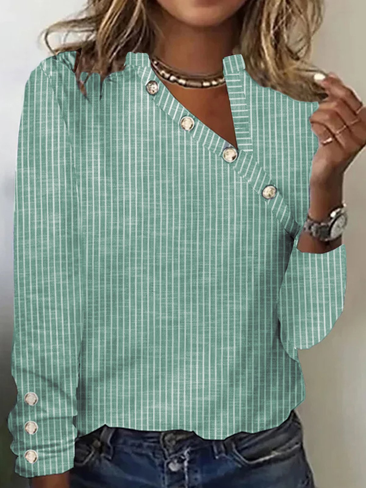 Striped Buttoned Asymmetrical Neck Casual Loose Long Sleeve T-Shirt