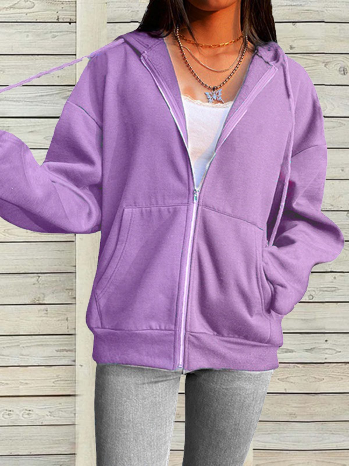 Casual Plain H-Line Loose Long Sleeve Hoodie With Pockets