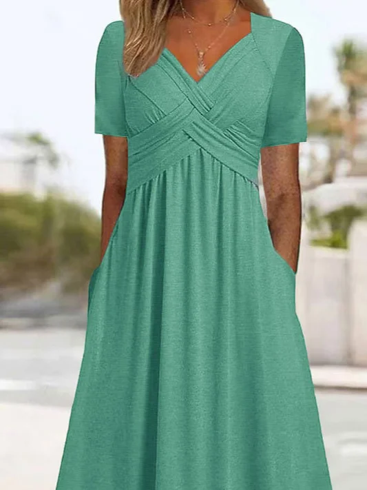 Plain Sweetheart Neckline Regular Fit Short Sleeve Casual Maxi Dress ...