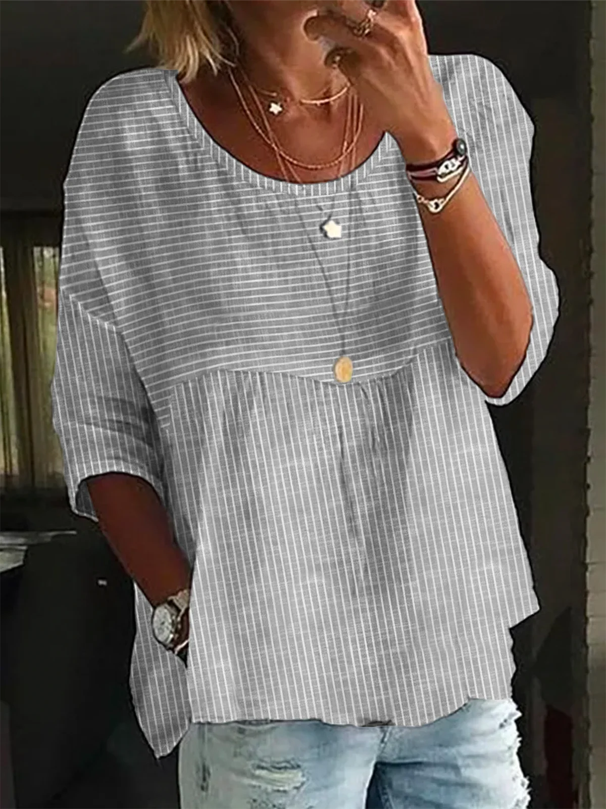 Striped Casual Loose Crew Neck 3/4 Sleeve Shirt