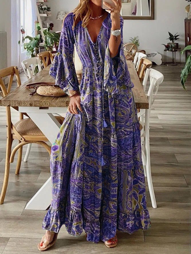 V Neck Boho Dress With No