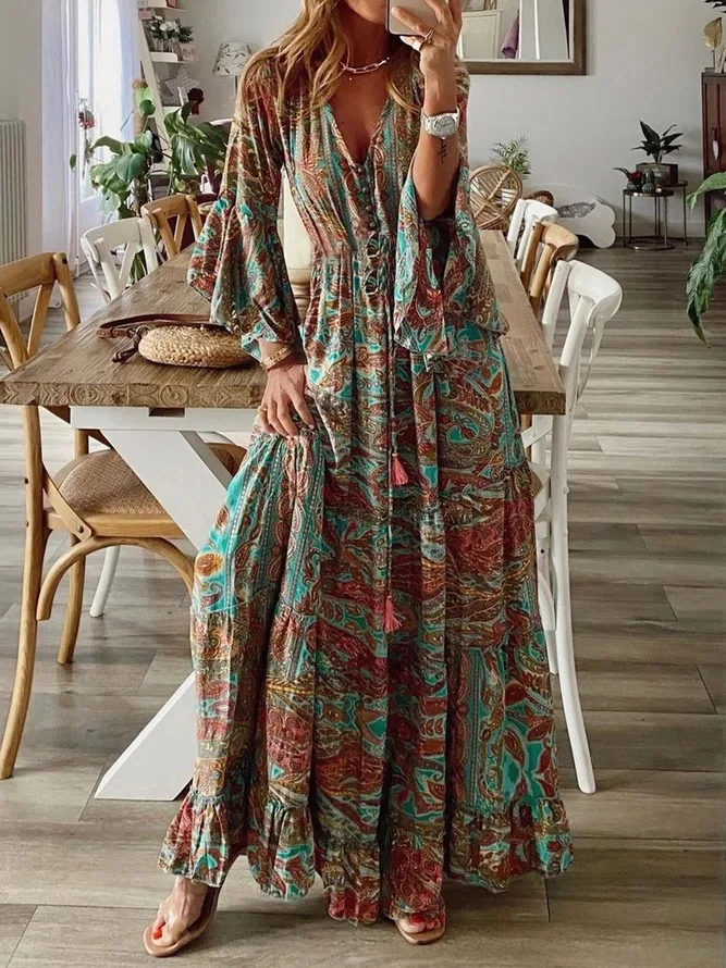 V Neck Boho Dress With No