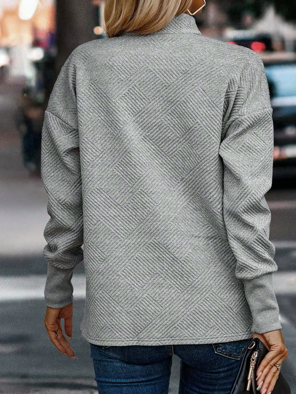 Casual Plain Button Stand Collar H-Line Long Sleeve Sweatshirt