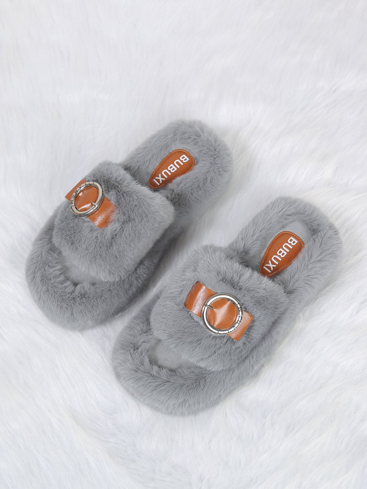 Casual Color Block Buckle Comfy Fluffy Slippers