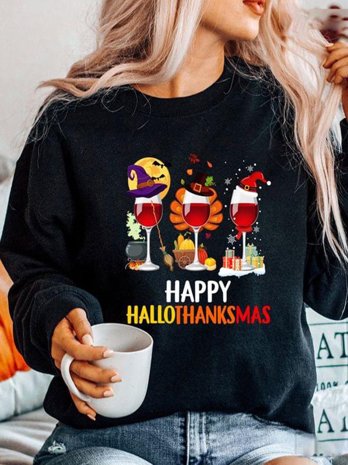 Halloween Crew Neck Thanksgiving Day Christmas Casual Hallothanksmas  Sweatshirt