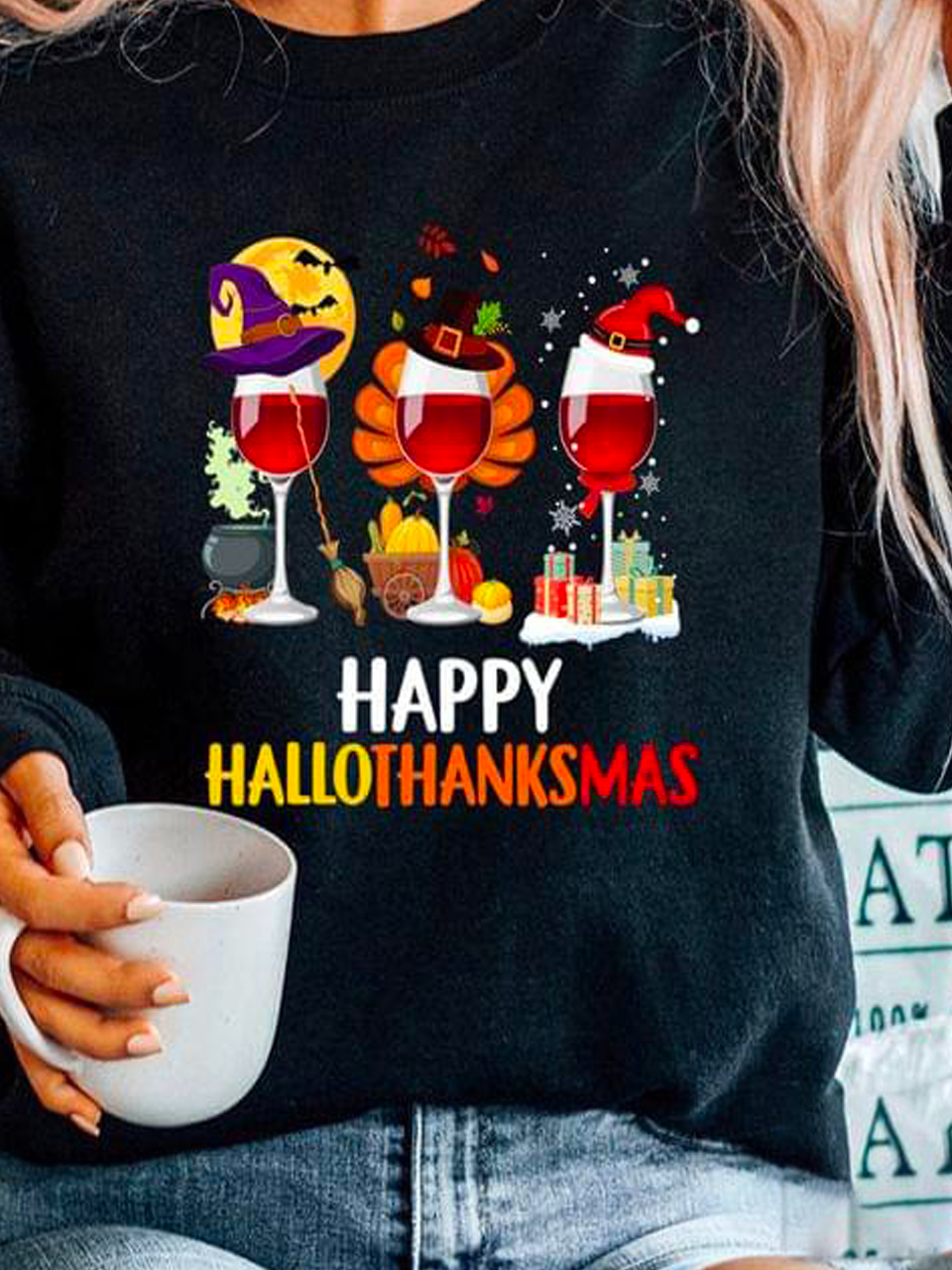 Halloween Crew Neck Thanksgiving Day Christmas Casual Hallothanksmas  Sweatshirt