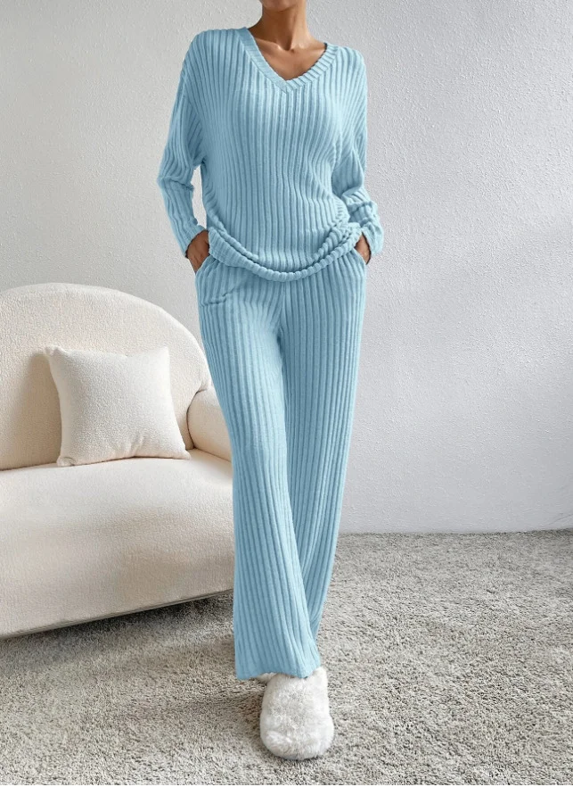 Plain V Neck Long Sleeve Top With Pants Loose Casual Two-Piece Set