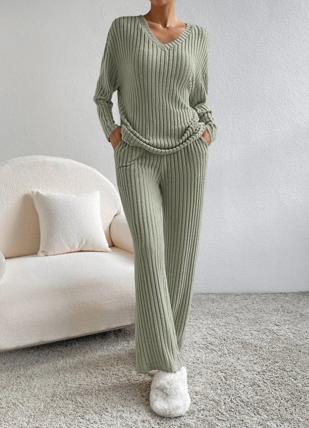 Plain V Neck Long Sleeve Top With Pants Loose Casual Two-Piece Set