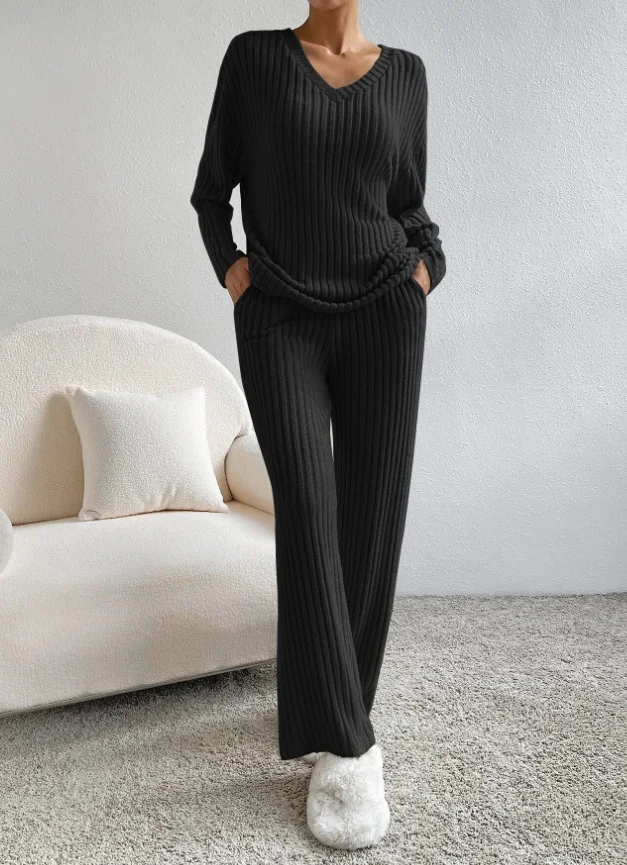 Plain V Neck Long Sleeve Top With Pants Loose Casual Two-Piece Set