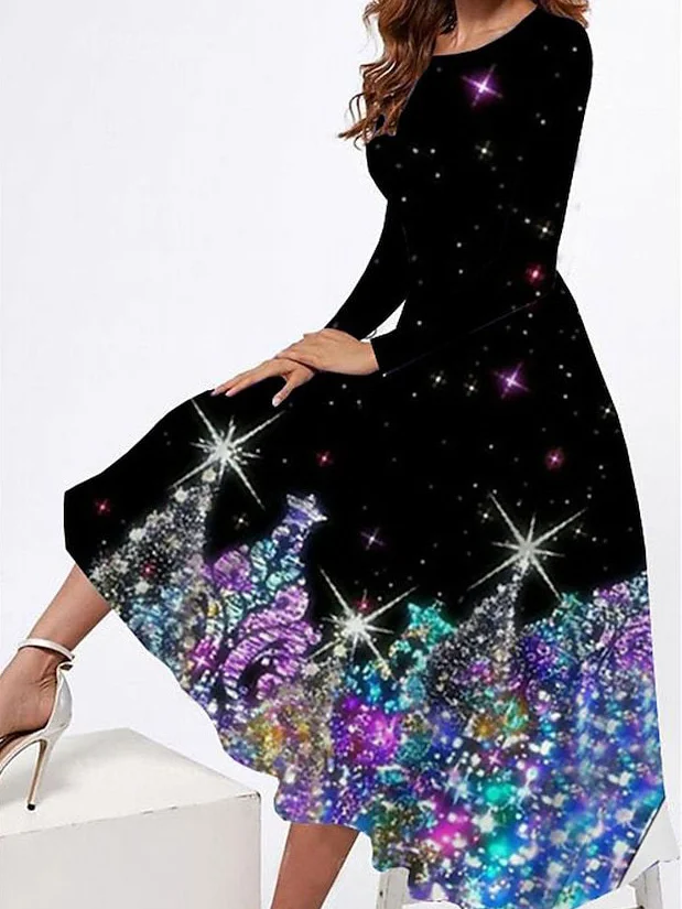 Christmas Daily Knitted Regular Fit Crew Neck Casual Festival Long Sleeve Fit & Flare Maxi Dress