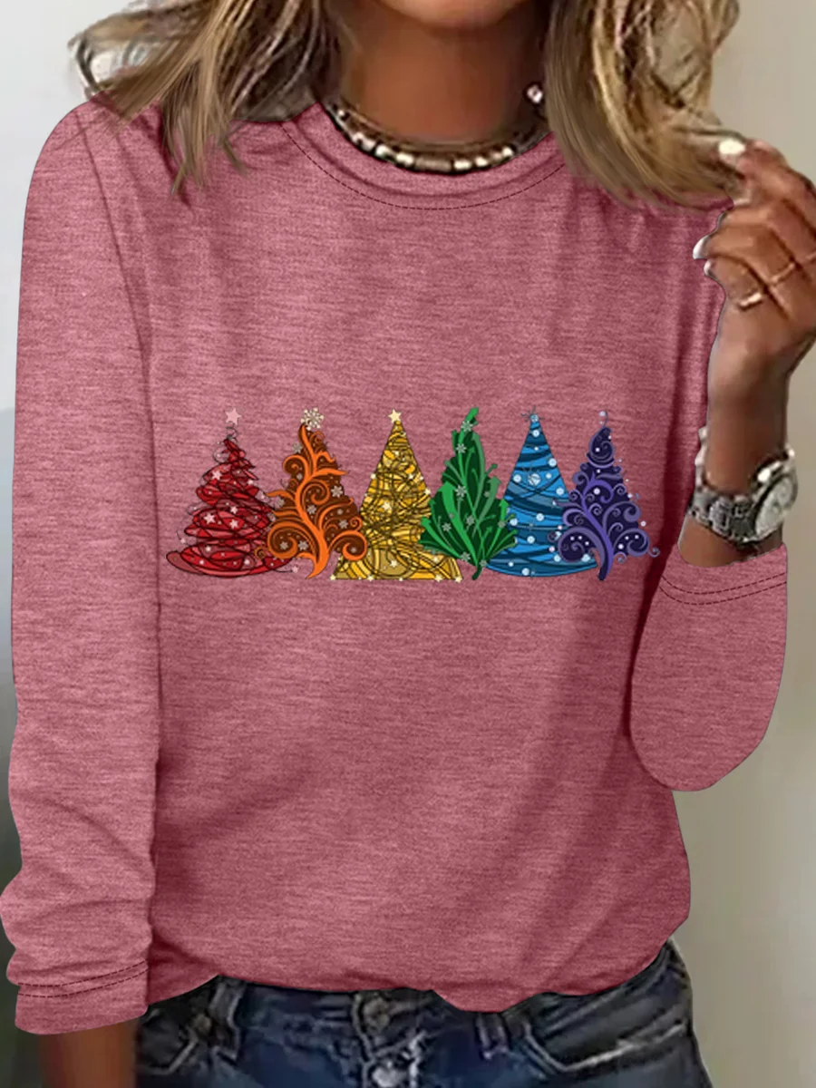 Women's Christmas Tree Daily Cotton-Blend Crew Neck Casual H-Line Long ...