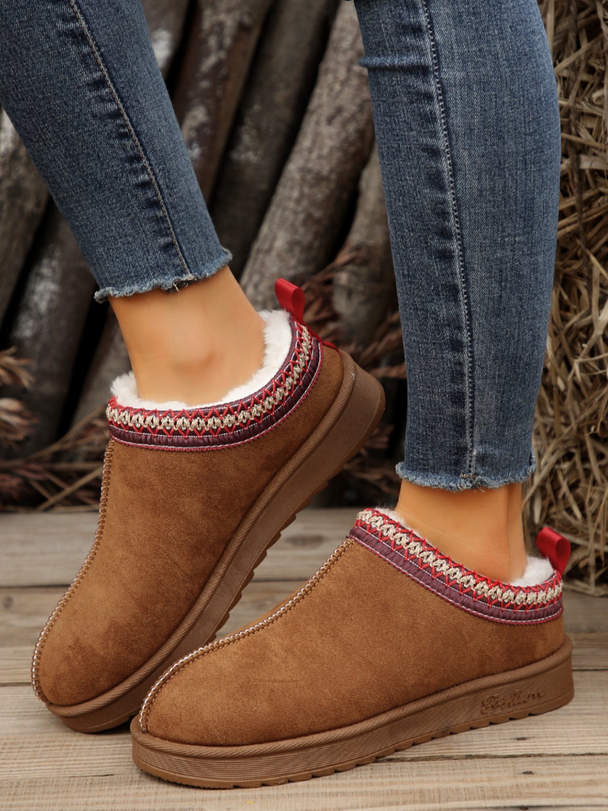 Casual Ethnic Embroidery Warm Plush Lined Mules