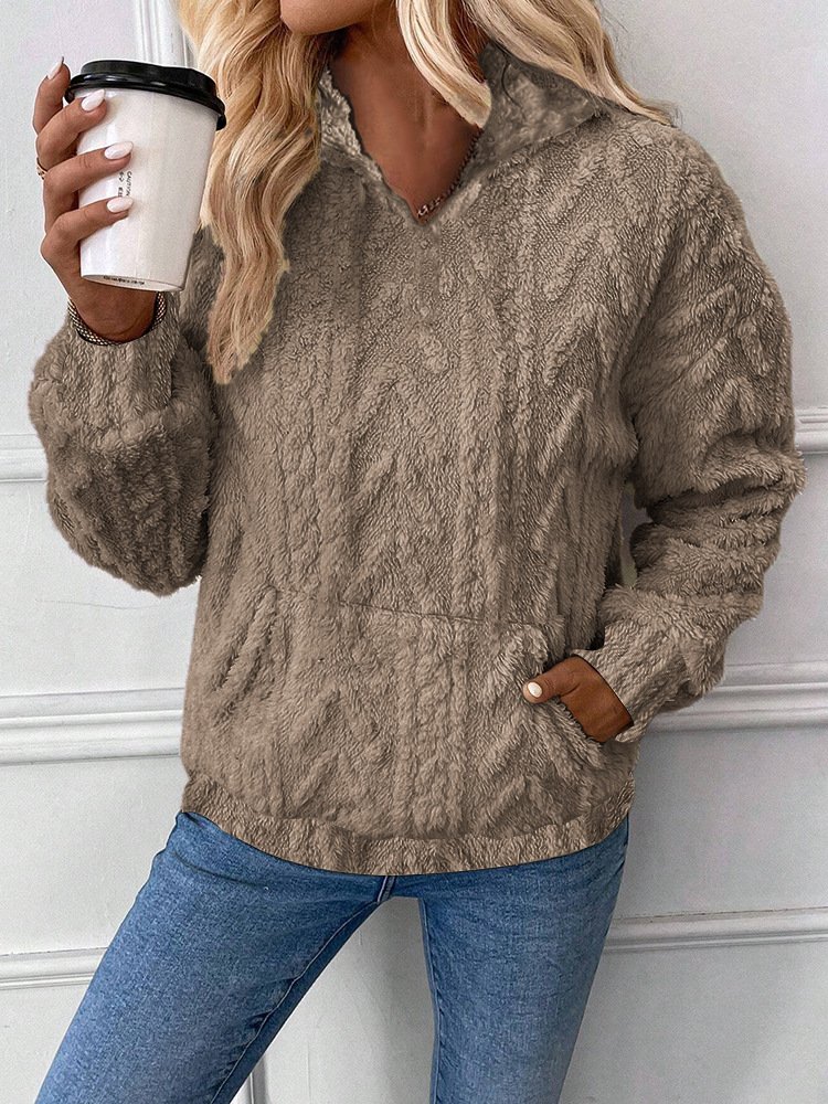 Ribbed V Neck Casual Sweatshirt