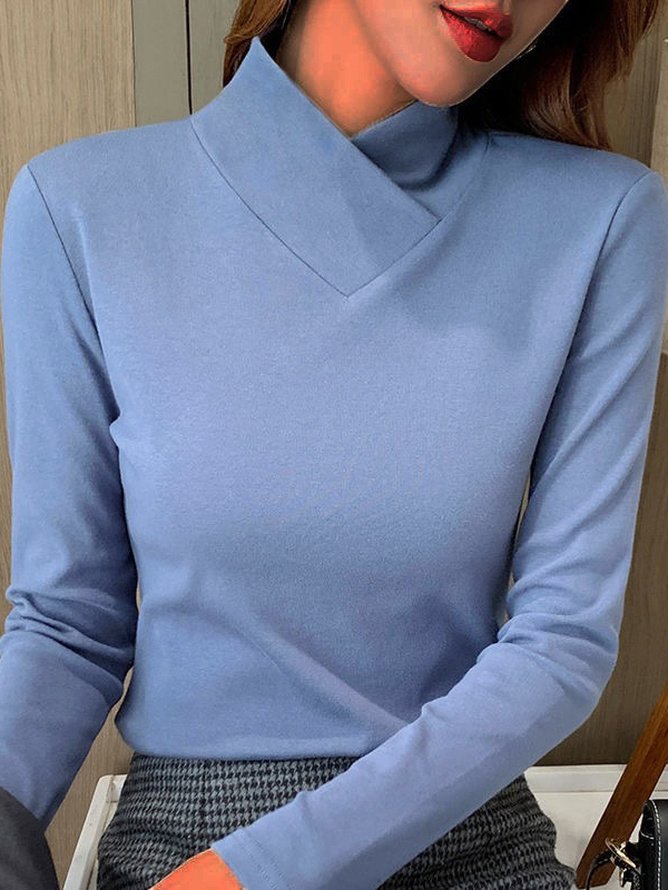 Asymmetrical V Neck Design Warmth Plain Casual Daily Regular Fit Knitted Long Sleeve H-Line T-Shirt