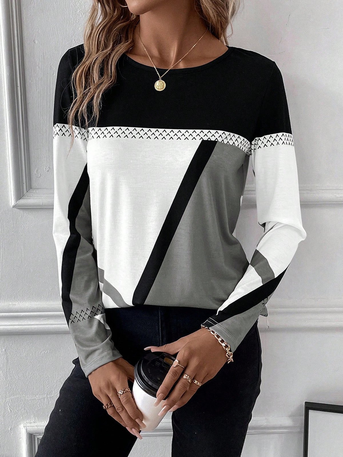 Loose Casual Color Block Crew Neck T-Shirt