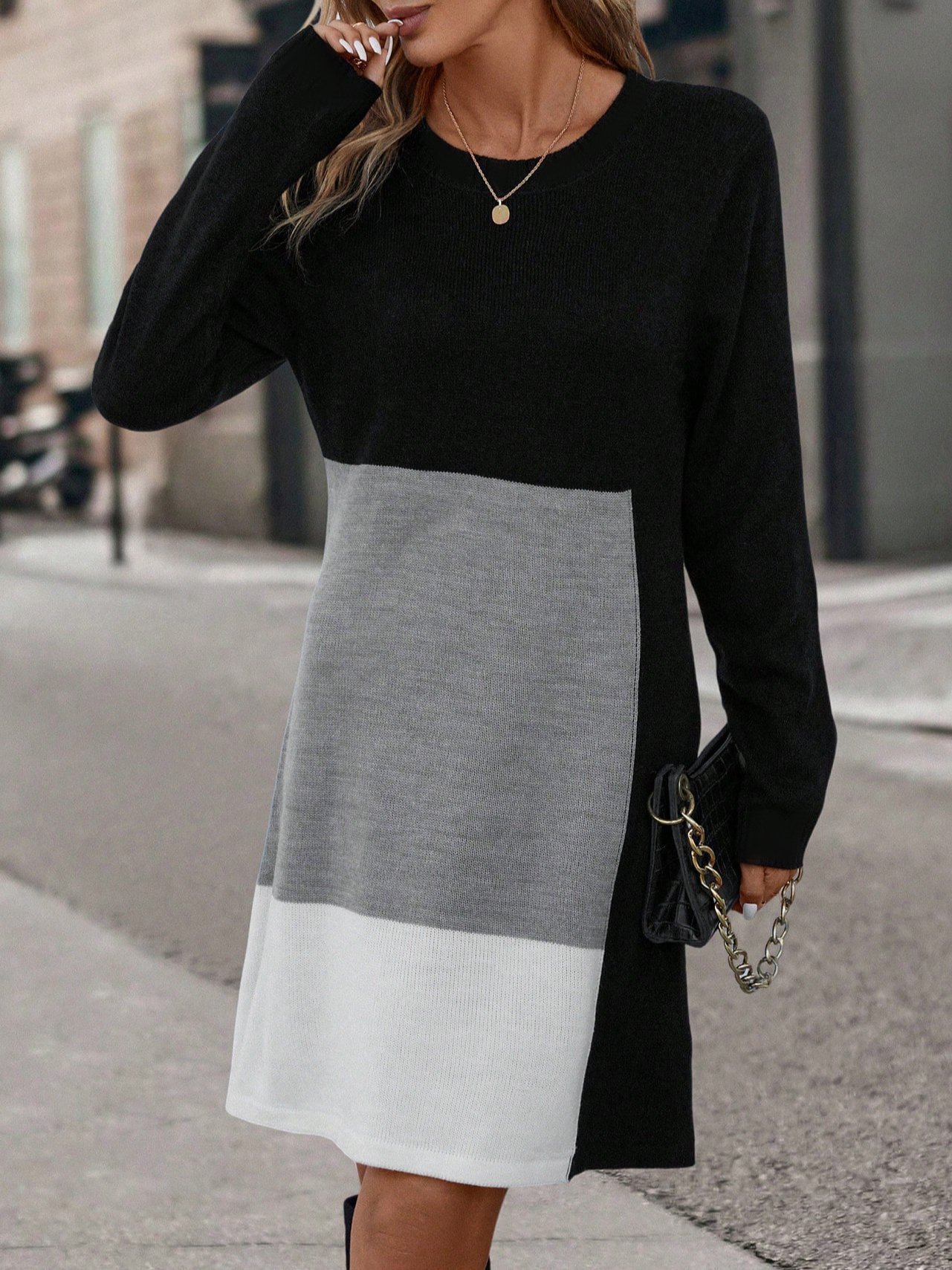 Loose Colorblock Crew Neck Casual Dress