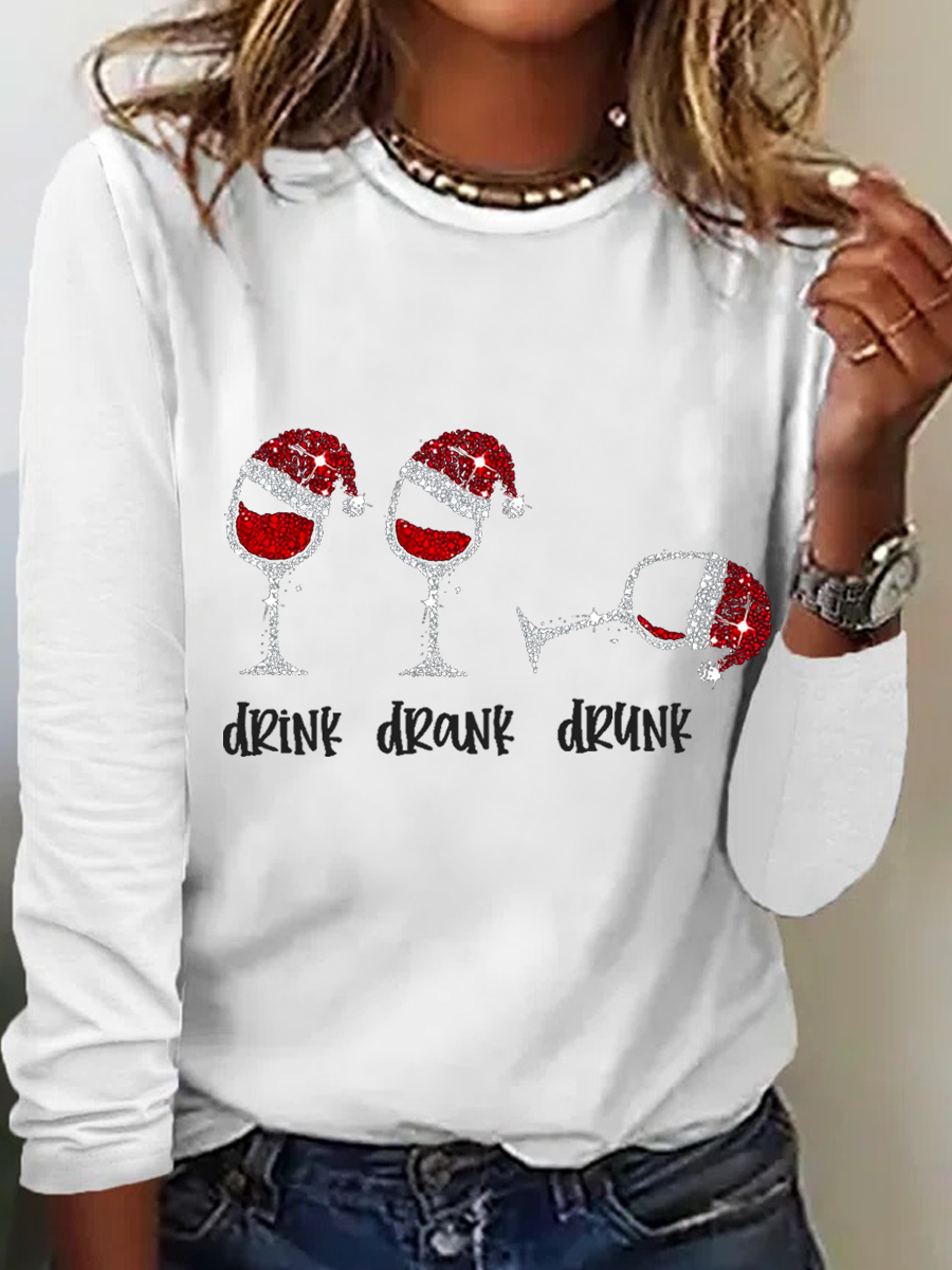 Women's Funny Christmas Drink Drank Drunk Red Wine Glass Casual Crew Neck Regular Fit Shirt