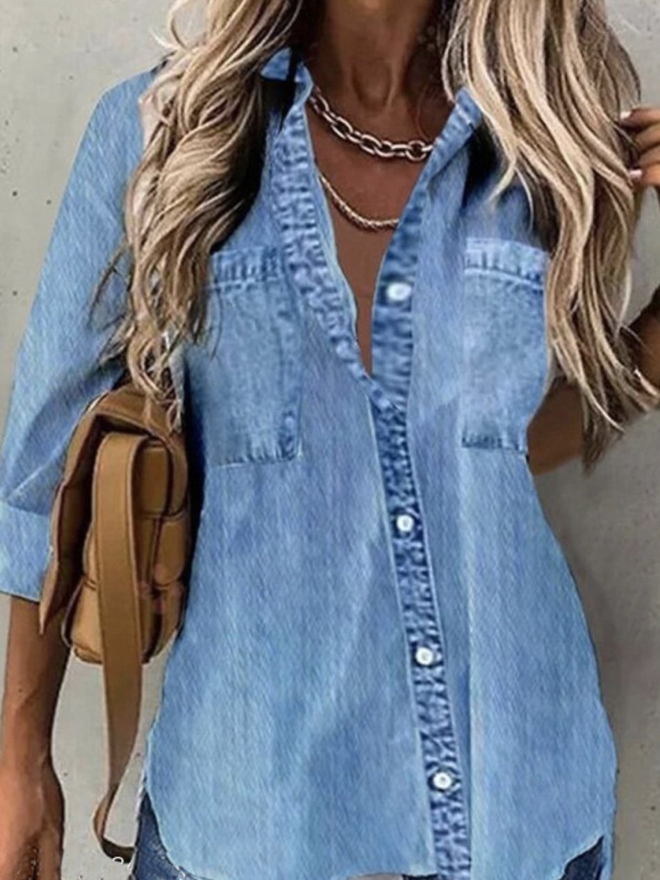 Abstract Denim Shirt Collar Casual Blouse