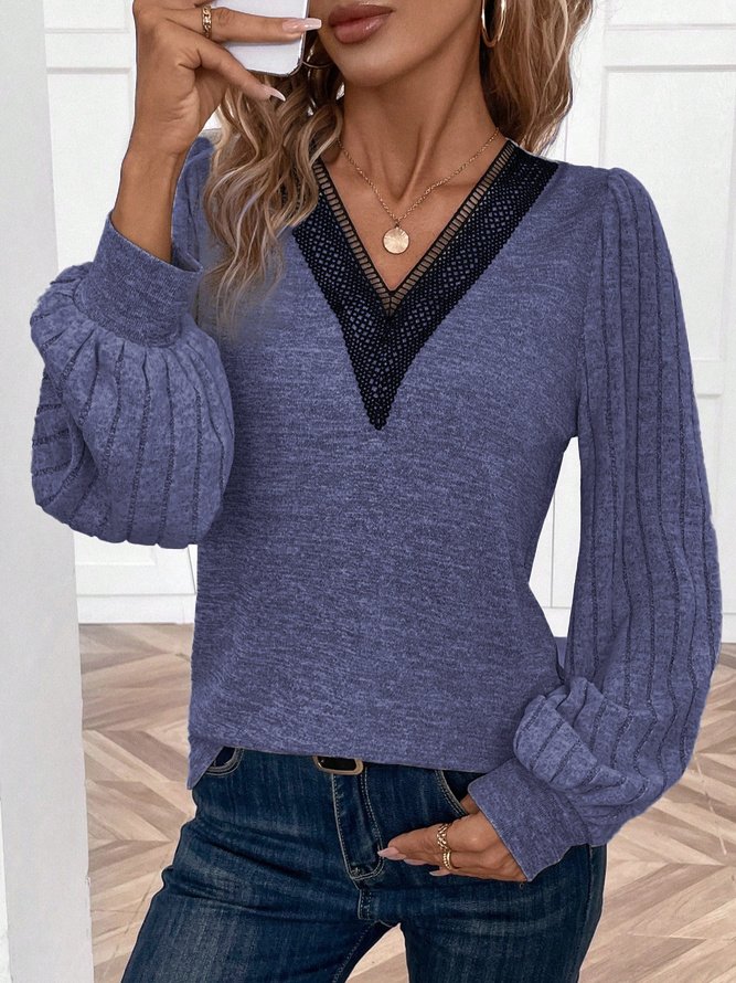 Lace Casual V Neck Loose Shirt