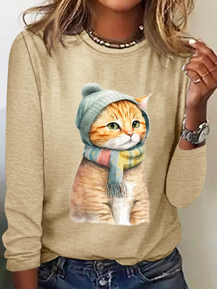 Women's Winter Vintage Cat Casual Cotton-Blend Crew Neck Long Sleeve Shirt