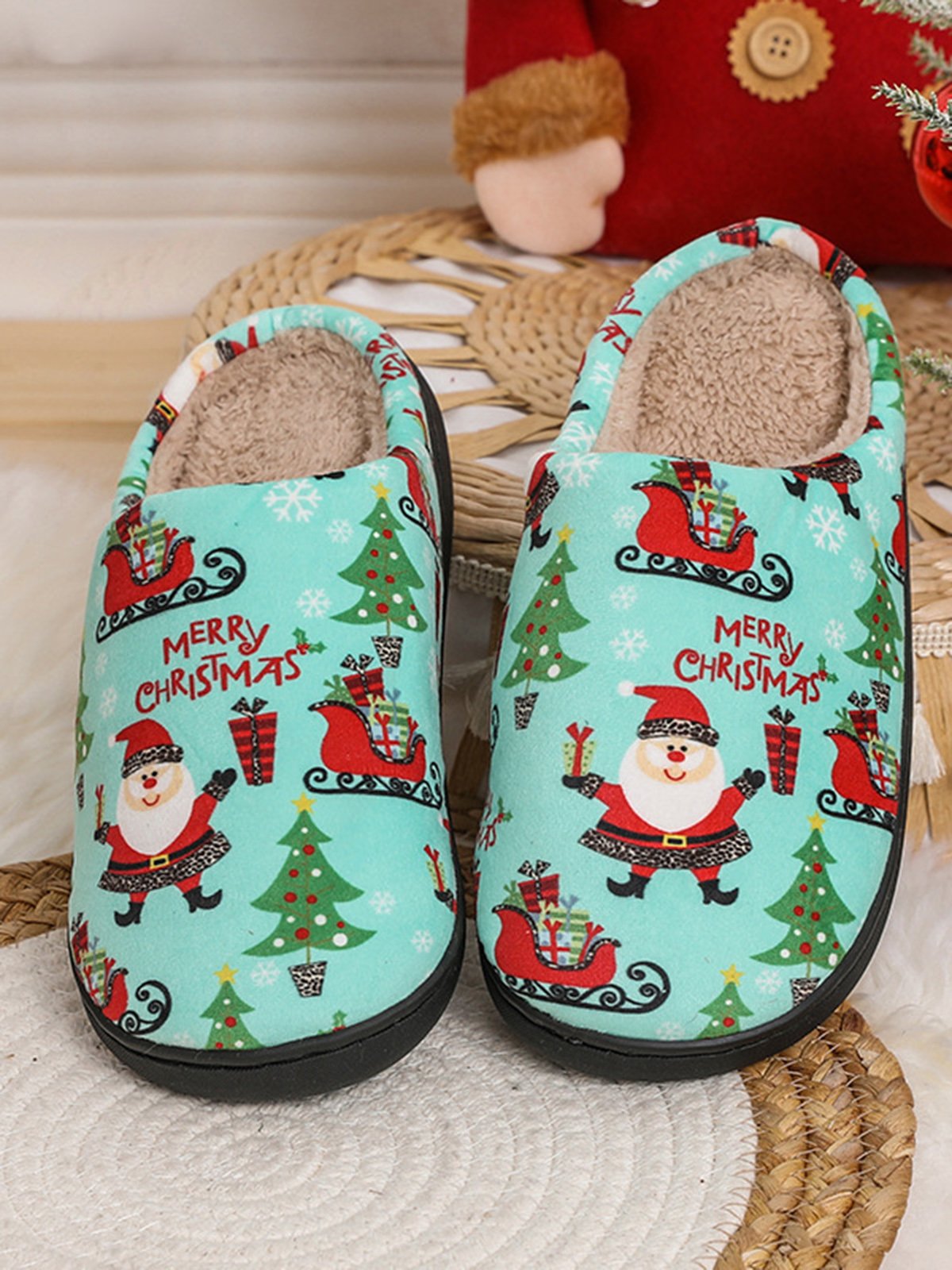 Christmas Cartoon Printed Santa Claus Warmth Fluffy Slippers