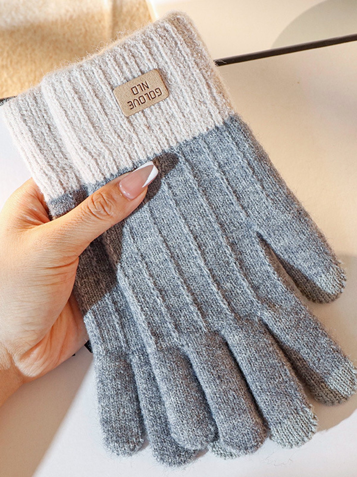 Women Winter Wool-Blend Heavyweight Casual Color Block Five-finger Gloves