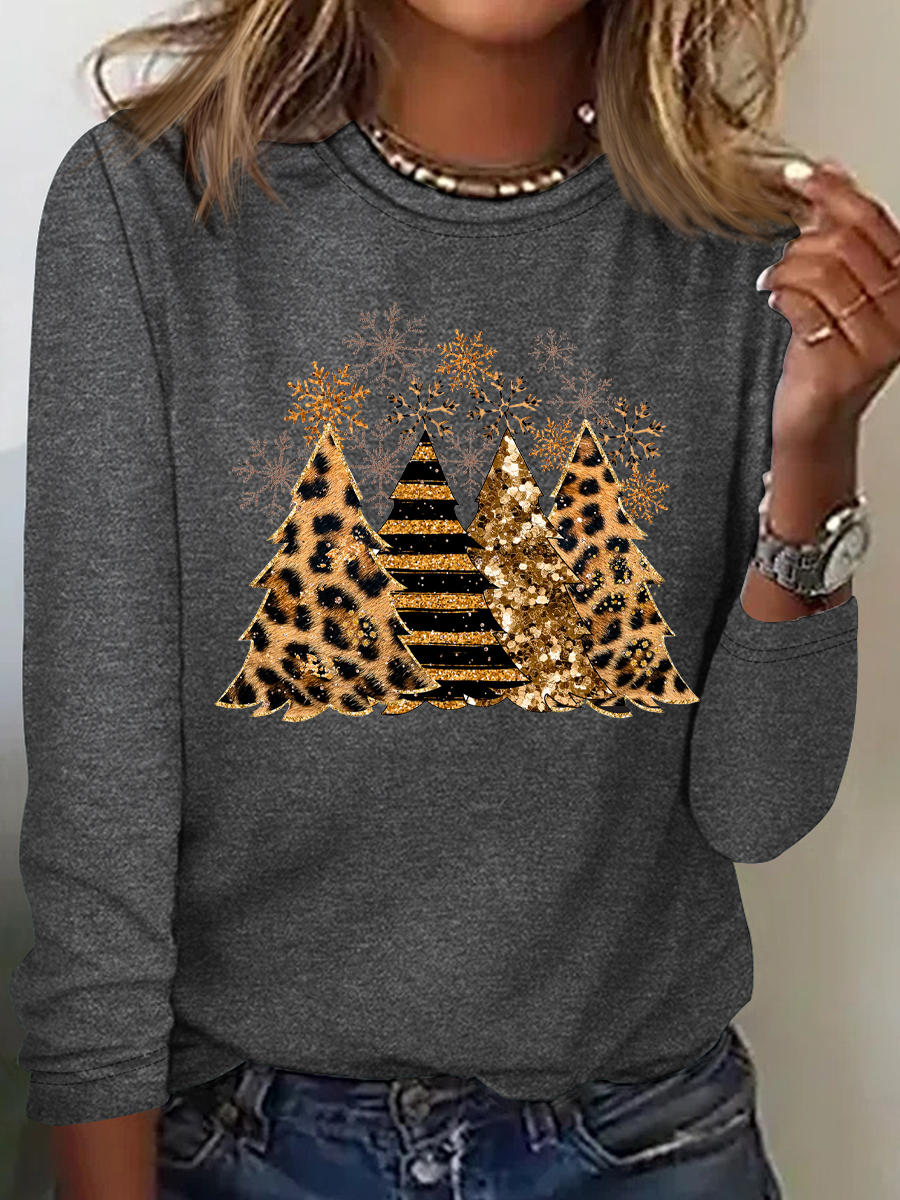 Christmas Tree Leopard Daily Regular Fit Casual Crew Neck Cotton-Blend H-Line Long Sleeve Shirt