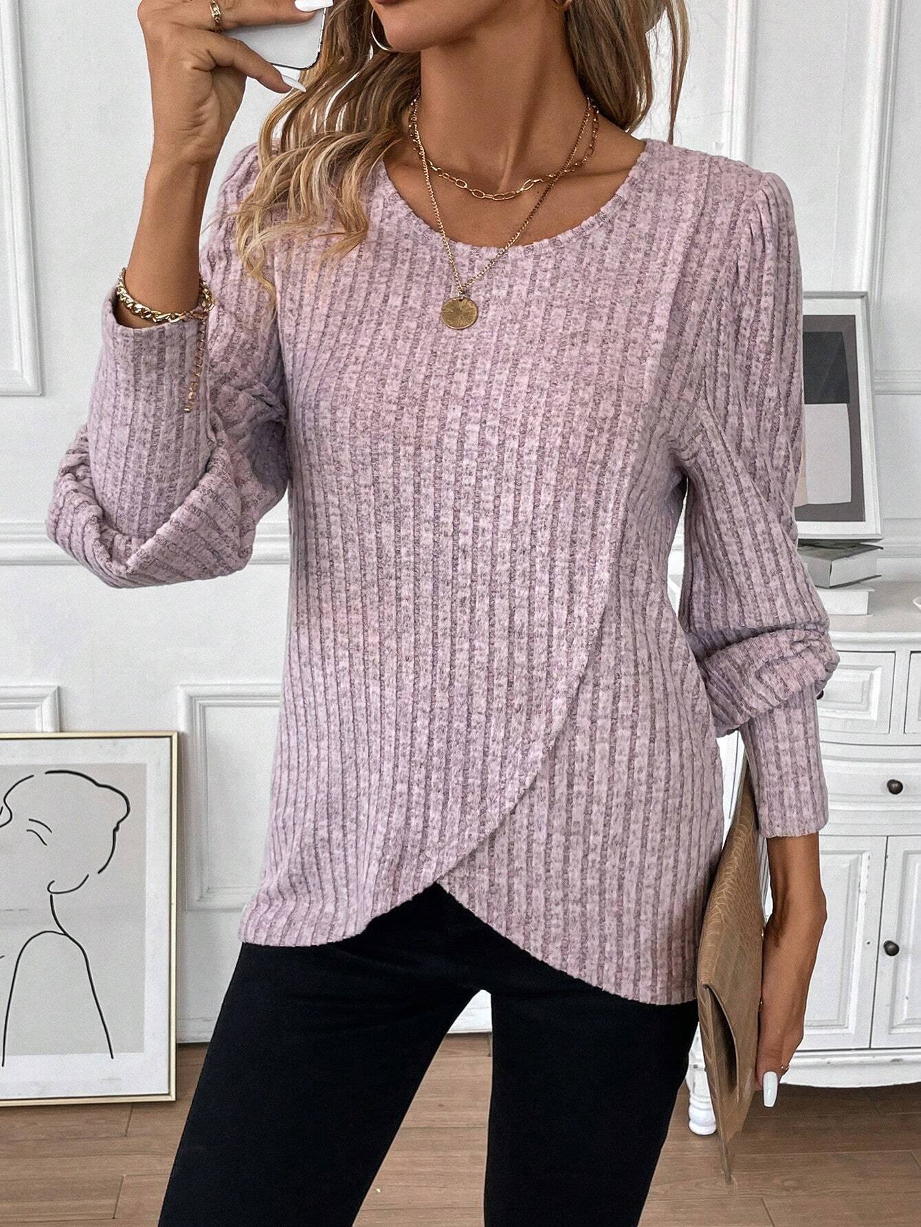 Crew Neck Loose Plain Casual Lantern Sleeve Shirt