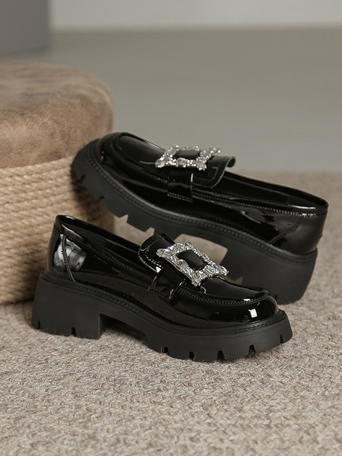 Rhinestone Buckle Patent Leather Thick Bottom Loafers