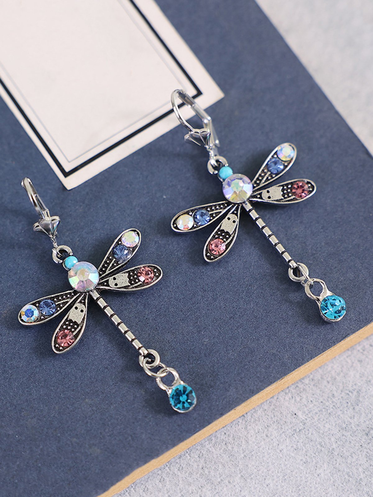 Vintage Dragonfly Multicolor Rhinestone Drop Earrings